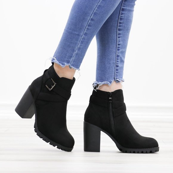 Faux Suede Black Lug Sole Ankle Boots - Picture 14 of 14